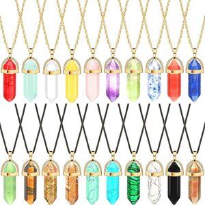 20 Pieces Hexagonal Shape Gemstone Pendant Necklaces Pointed Chakra Stone Chain